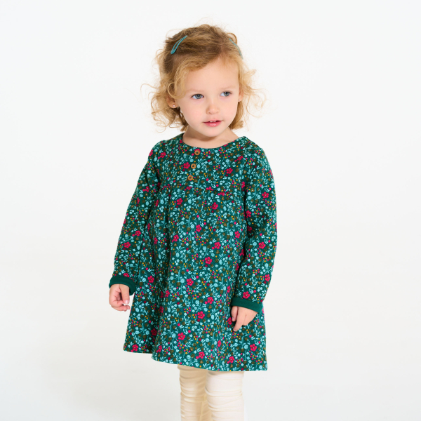 فستان طفلة رضيعة مبطن عليه صورة ورود وبنطلون ليجينز أخضر